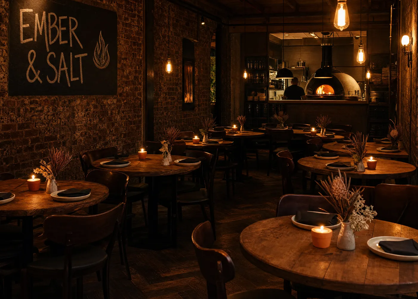 Ember & Salt — warm candlelit dining room